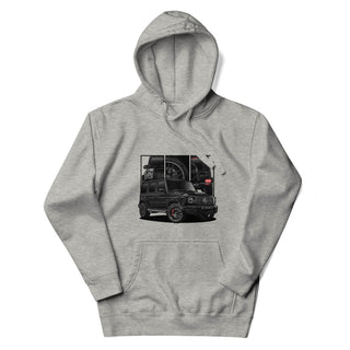 Luxury SUV Legends light grey hoodie featuring custom car artwork inspired by the Mercedes G Wagon G63 AMG 