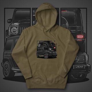 Luxury SUV Legends olive hoodie featuring custom car artwork inspired by the Mercedes G Wagon G63 AMG 