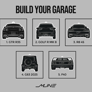 Promotional graphic for 'Build Your Garage' with car silhouettes and M LINE  branding.