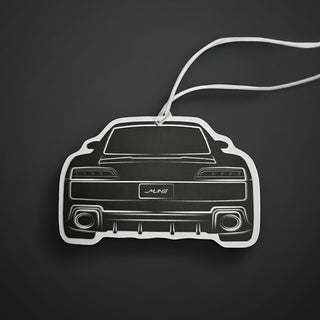 Audi R8 4S V10 rear silhouette air freshener with black and white design on dark background.