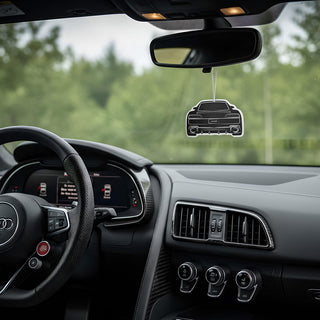 Audi R8 4S V10 silhouette air freshener hanging from rear-view mirror inside modern supercar interior