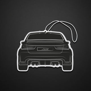 BMW M3 G80 rear silhouette air freshener by M Line Automotive – premium black outline design with quad exhausts, hanging string, matte background product shot