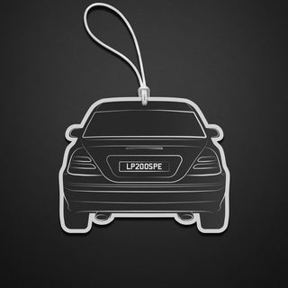 Executive saloon rear silhouette air freshener featuring clean linework and premium black and white finish by M Line Automotive