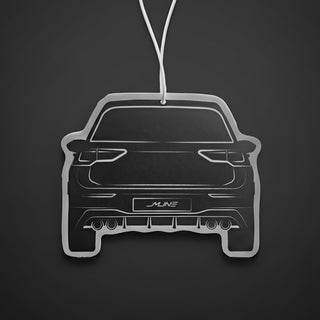 VW Golf R MK 8 rear silhouette air freshener by M Line Automotive — flat lay product photo from The Silhouette Collection.