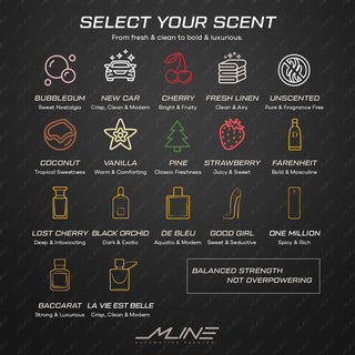 Car air freshener scent menu showing 17 fragrance options, from fresh and clean to bold and luxurious. Designed by M Line Automotive. 