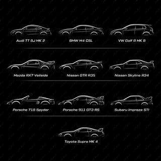 Selection of minimal side-profile performance car silhouette designs included in the wallpaper pack