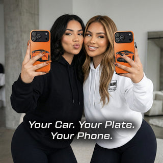Automotive rear icon orange phone case lifestyle image – custom plate edition