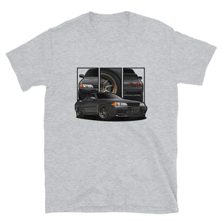 JDM Legends light grey t-shirt featuring custom car artwork inspired by the Nissan GTR R32