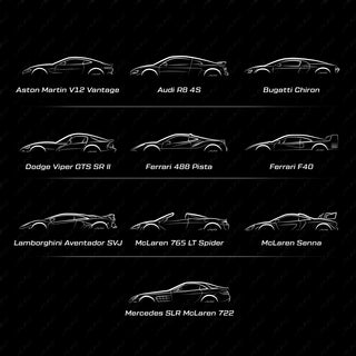 Digital wallpaper pack featuring ten minimal supercar silhouettes including Ferrari, Lamborghini, McLaren, Bugatti, and Audi.