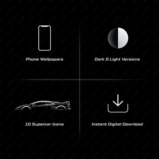 Supercar wallpaper pack features including phone wallpapers, dark and light versions, ten supercar icons, and instant download.