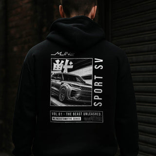 Model wearing M LINE Vol.01 Beasts Hoodie in Black, back manga artwork