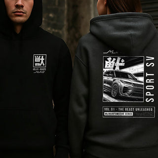 Models wearing M LINE Vol.01 Beasts Hoodies – Black front emblem, Dark Heather back artwork