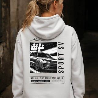 Model wearing M LINE Vol.01 Beasts Hoodie in White, back manga artwork