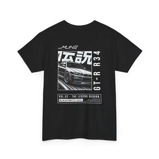 Product rear – Black → VOL.02 The Legend Reborn Nissan GT-R R34 widebody manga t-shirt back print in white.