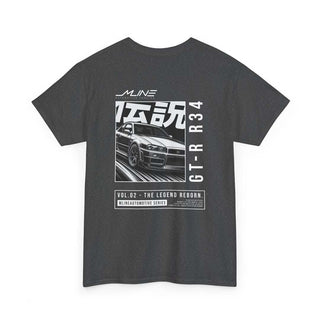 Product rear – Heather→ VOL.02 The Legend Reborn Nissan GT-R R34 widebody manga t-shirt back print in white.