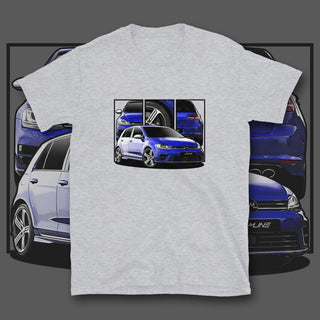 Hot Hatch Legends light grey t-shirt featuring custom car artwork inspired by the VW Golf R MK 7 
