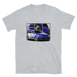 Hot Hatch Legends light grey t-shirt featuring custom car artwork inspired by the VW Golf R MK 7 